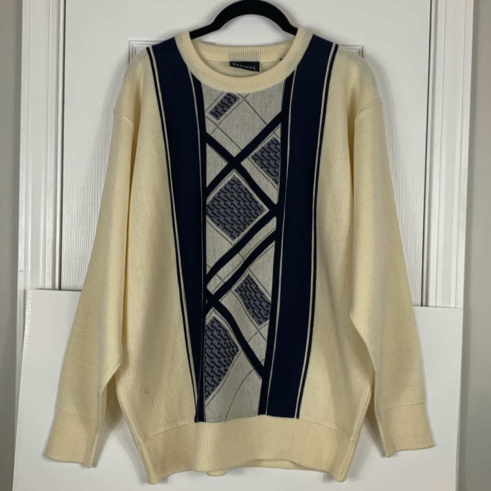 Gabicci mens sweater cream with black/grey stripes and detail size Lg.